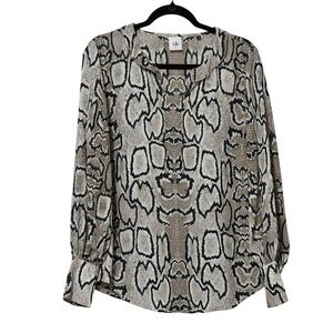 Cabi Snakeskin Print Split Neck Blouse Neutral Animal Print Long Sleeve Top M B5